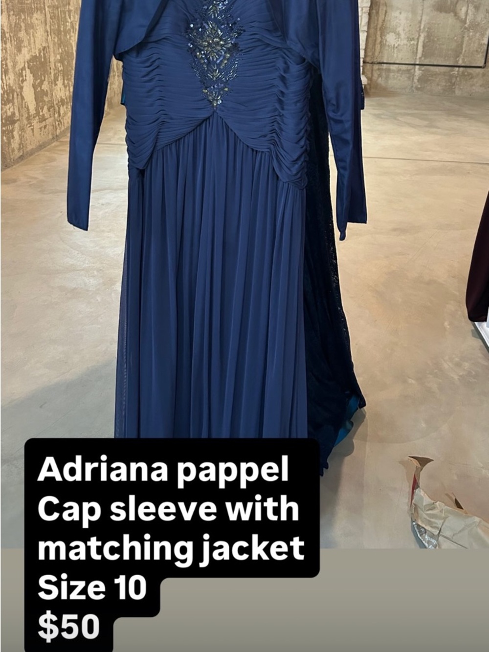 Adrianna Papell Navy Blue Beaded Maxi Dress with Matching Jacket